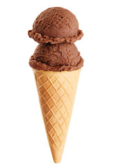 Chocolate double scoop ice cream isolated on white background.