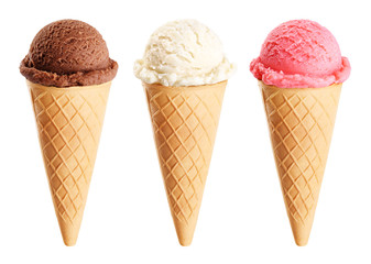 Ice cream scoops in cones with chocolate, vanilla and strawberry isolated on white background.