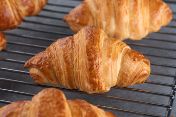 Metallic rack with fresh baked croissants on a gray background.