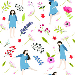 Positive Seamless pattern with dancing woman and floral design. Flight dancing woman texture.