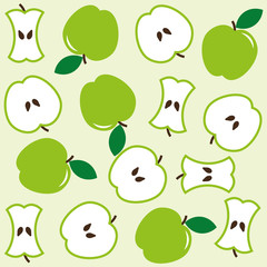 Green apples and core on light seamless background