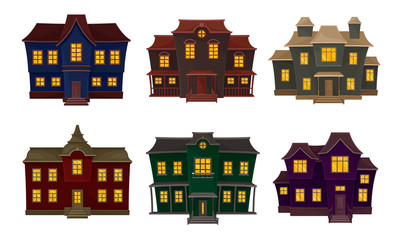 Gloomy Houses with Shiny Yellow Windows Vector Set