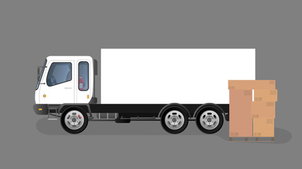 Lorry and pallet with drawers. Carton boxes. The concept of delivery and loading of cargo. Vector.