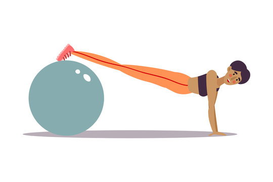 Cute young dark-haired trainer girl doing plank exercise with fitness ball in a gym. Vector illustration in the flat cartoon style