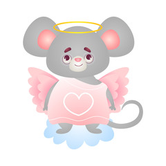 Cute angel mouse stands on cloud in a pink dress with wings. Vector illustration isolated on white background.