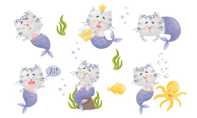 Mermaid Cat Character with Fishtail Wearing Floral Wreath and Swimming Underwater Vector Set