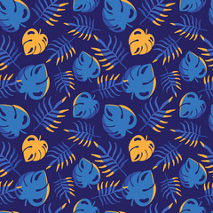 Abstract seamless pattern of monstera and tropical palm leaves. Exotic Botanical background with jungle plants. Hand drawn nature wallpaper. Vector illustration. Decorative textile, wrapping paper.