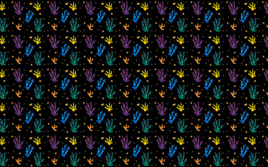 Seamless pattern. Hand paint watercolor seashells and corals on black background.