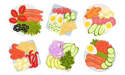 Sliced and Cut Vegetables, Meat and Cheese Served on Plate Above View Vector Set