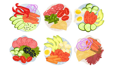 Sliced and Cut Vegetables, Meat and Cheese Served on Plate Above View Vector Set