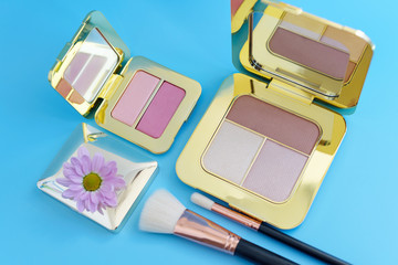 premium makeup brushes, palette eye shadow makeup and blush pads on a bright blue background,...