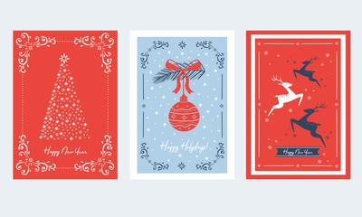 Vertical Merry Christmas and Happy Winter Holidays Cards with Fir Tree, Deer and Tree Ornamental Ball Vector Set