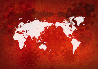 世界に広がるウイルスイメージ-赤色世界地図背景