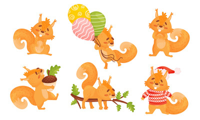 Obraz premium Furry Orange Squirrel Character Sleeping on Tree Branch and Wearing Winter Sweater Vector Set