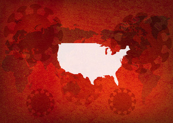 アメリカに広がるウイルスイメージ-赤色世界地図背景