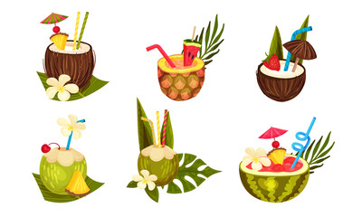 Exotic Cocktails with Straw Poured in Coconut and Watermelon Fruit Vector Set