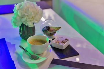 Espresso coffee cup in coffee shop closeup.