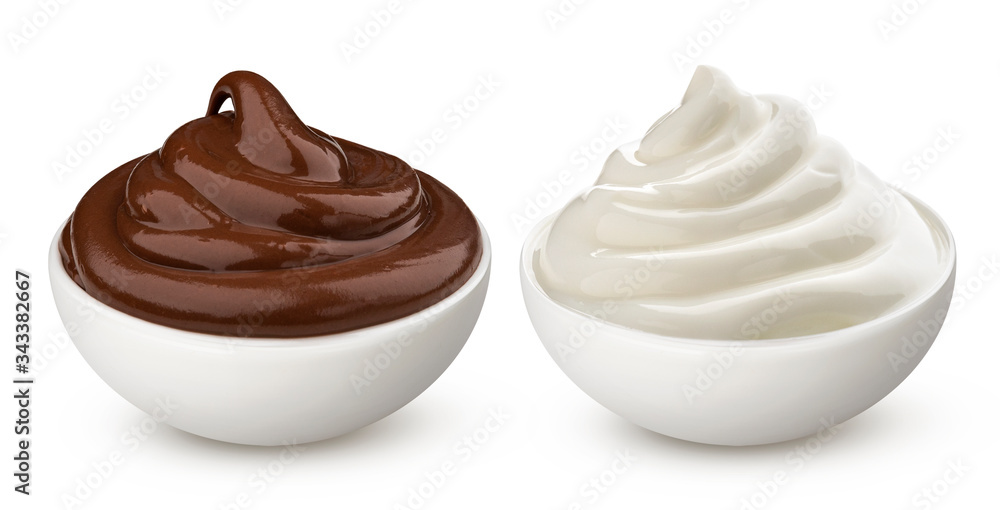 Wall mural Bowl of chocolate and milk vanilla cream isolated on white background - Wall murals