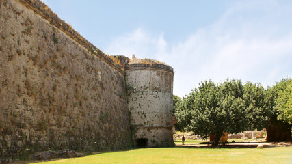 Bastion and fortress wall near Gate of D`Amboise, fortifications of Rhodes, Rhodes Fortress, Old Town of Rhodes, Greece

