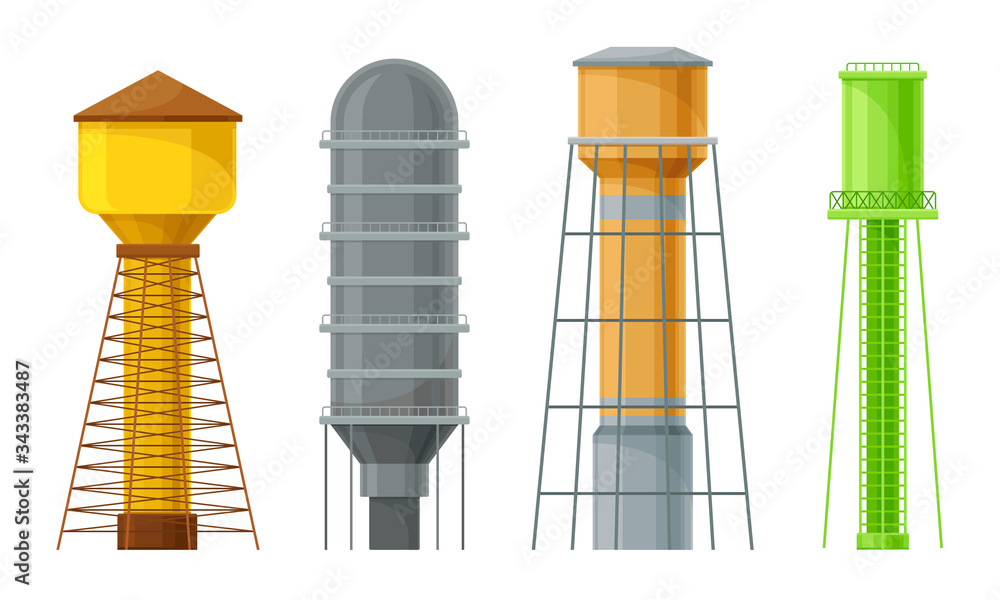 Wall mural water towers or tank houses made of metal vector set