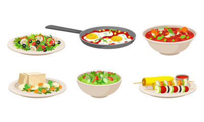 Vegan Dishes and Main Courses with Vegetable Salad and Scrambled Eggs in Frying Pan Vector Set