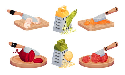 Vegetable Cutting with Knife and Grating with Grater Vector Set