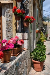 Fototapeta na wymiar Pots with colourful flowers. Colorful flowers in flower pots as a street decoration in Valdemossa, Mallorca / Majorca, Spain