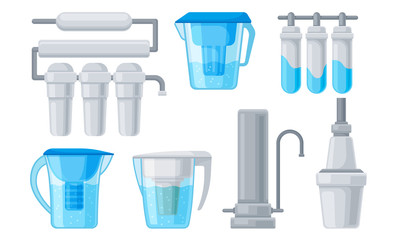 Portable Water Filters or Water Purifiers for Making Liquid Accessible for Drinking Vector Set