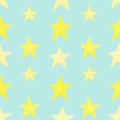 Yellow stars on teal blue background seamless pattern 