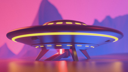 UFO landed on the planet at night. Science fiction scene with alien spaceship with stairs and glowing yellow windows. 3d illustration of a planet with pointed mountains in pink color in minimal style. © roman3d