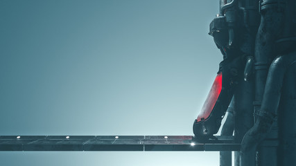 Cryogenic hibernation capsule with a human body inside. Metal bridge to cryo chamber in empty space with volumetric light in an abandoned sci-fi interior. Cryopod with misted glass. 3d illustration. © roman3d