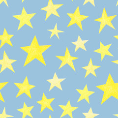 Yellow stars on grey-blue background repeating seamless pattern 