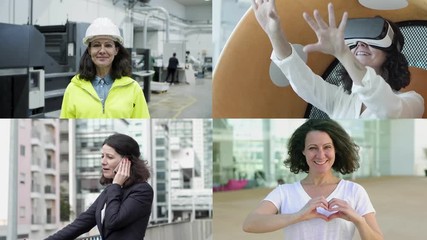 Curly haired middle aged woman in different occupations. Factory worker, VR headset user, businesswoman with cellphone. Multiscreen montage, collage portraits. Lifestyle concept