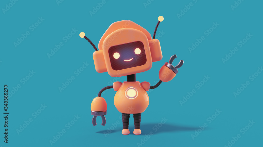 Fototapete friendly positive cute cartoon orange robot with smiling face waving its hand. chatbot greets. custo