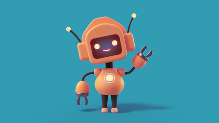 Friendly positive cute cartoon orange robot with smiling face waving its hand. Chatbot greets. Customer support service chat bot. Robot assistant, online consultant. 3d illustration on blue background - obrazy, fototapety, plakaty