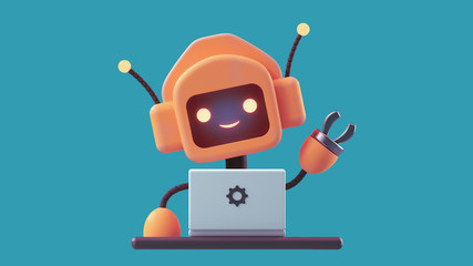 Friendly positive cute cartoon orange robot with smiling face waving its hand. Chatbot greets. Customer support service chat bot. Robot assistant, online consultant. 3d illustration on blue background
