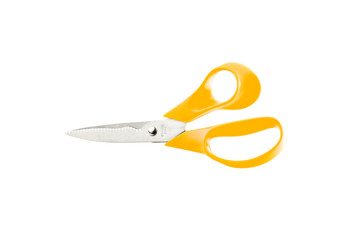 Yellow scissors isolated on white background