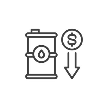 Crude oil price decrease line icon. linear style sign for mobile concept and web design. Oil barrel and dollar decrease outline vector icon. Symbol, logo illustration. Vector graphics