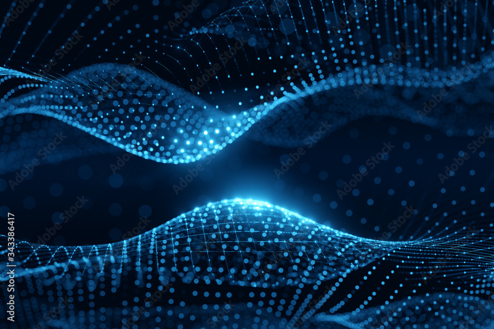 Poster Moving neon blue wireframe pattern forming a digital network connection on dark background