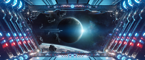Blue and red futuristic spaceship interior with window view on planets 3d rendering