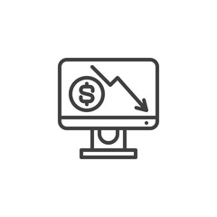Online dollar rate line icon. linear style sign for mobile concept and web design. Dollar rate decrease outline vector icon. Economic bankruptcy Symbol, logo illustration. Vector graphics