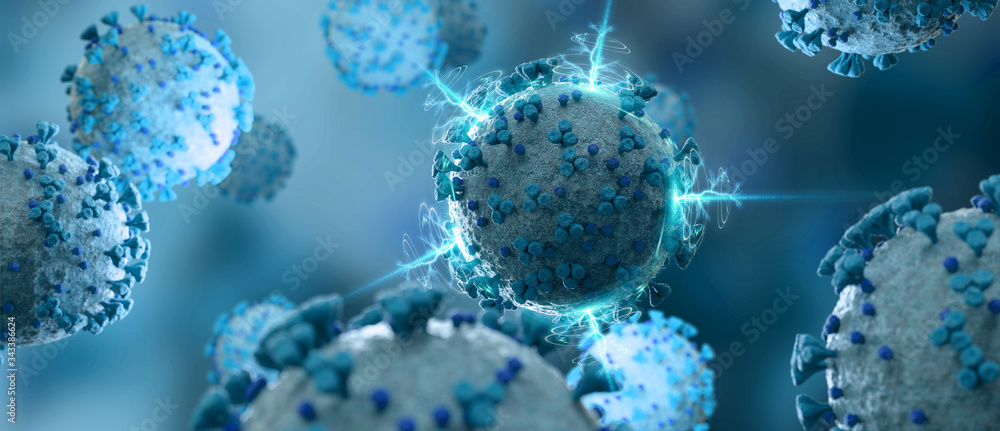 Poster microscopic close-up of the covid-19 disease. coronavirus illness spreading in body cell. 2019-ncov 