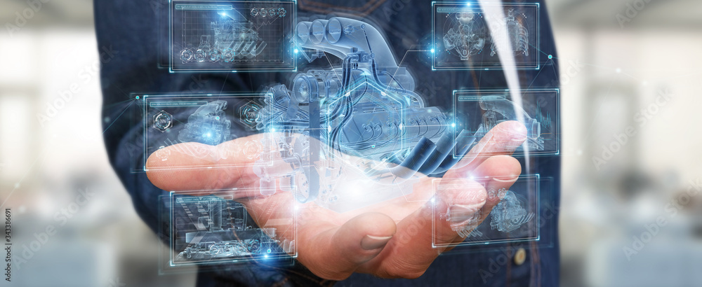 Poster businessman holding and touching wireframe holographic digital projection of an engine 3d rendering