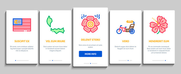 Malaysia National Onboarding Mobile App Page Screen Vector. Malaysia Flag And Architecture Building, Monkey And Snake, Traditional Food And Clothes Color Contour Illustrations