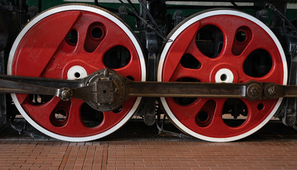 Retro old Soviet steam locomotive, vintage train.