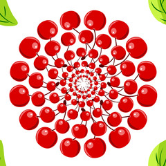 pattern of juicy red ripe cherries, with and without a leaf on a white background