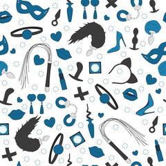 Vector seamless pattern bdsm. Colored icon of intimate toys, sex shop. Isolated over white background.