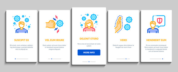 Fototapeta na wymiar Immunity Human Biological Defense Onboarding Mobile App Page Screen Vector. Protective Bacterias, Syringe And Shield, Vitamin And Healthcare Pills For Immunity Color Contour Illustrations