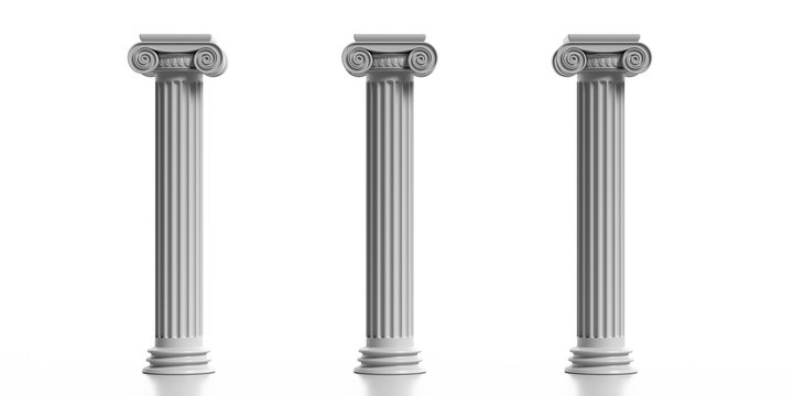 Three marble pillars columns classic greek isolated against white background. 3d illustration