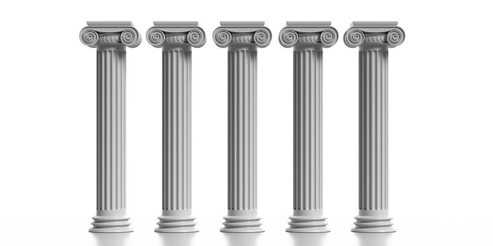 Four marble pillars columns classic greek isolated against white background. 3d illustration